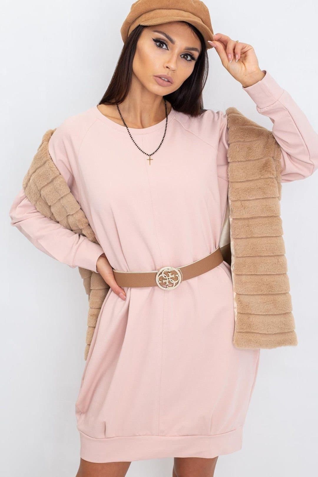 Love Lace Love Lace Women's Everyday Cotton Elastane Long Sleeve Shift Dress in Pink