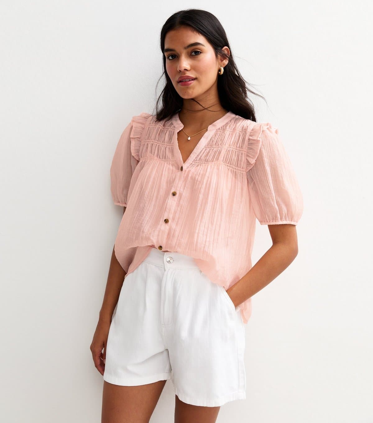 New Look Women's Pink Shirred Bib Frill Sleeve Shirt New Look