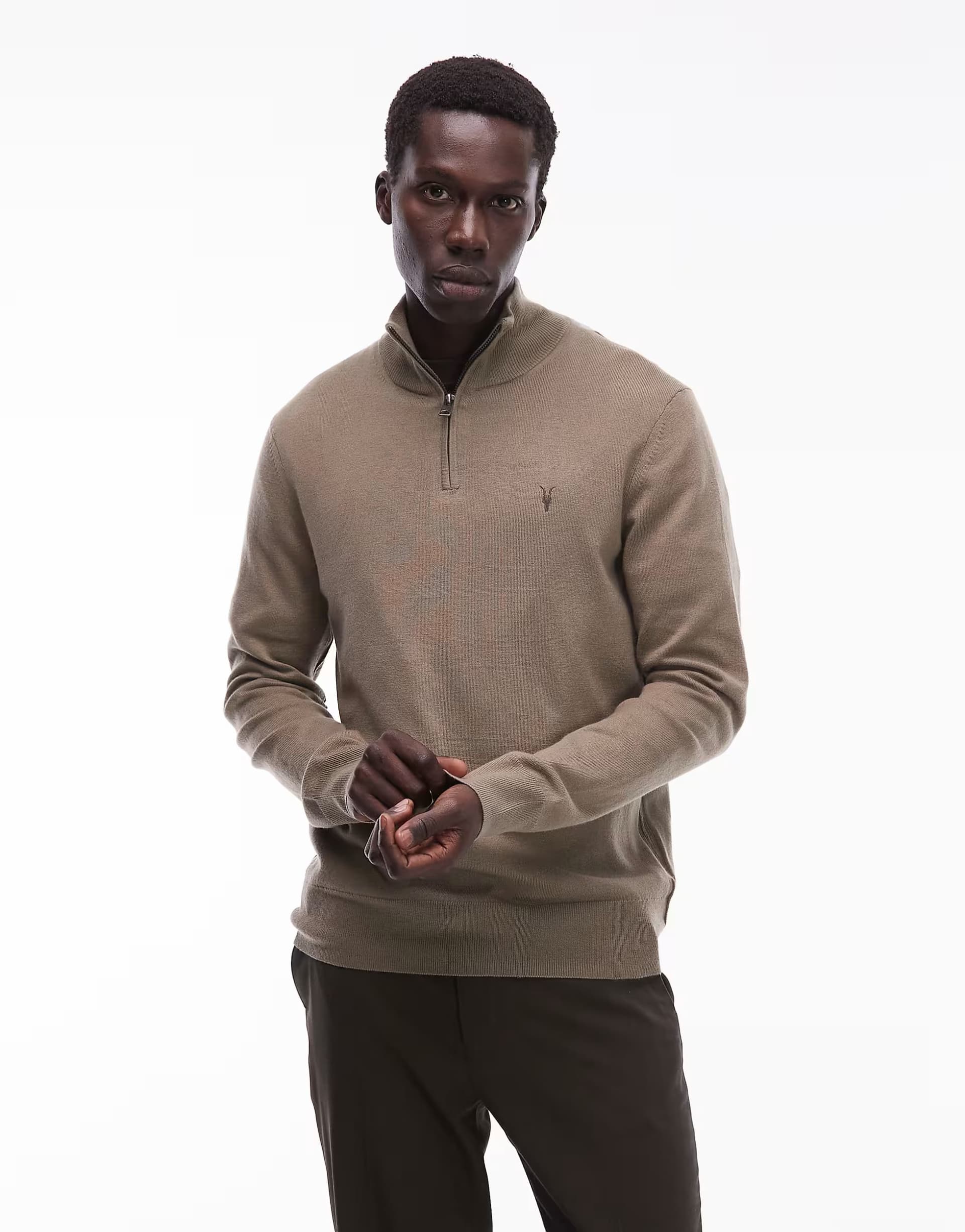 ASOS Allsaints Kilburn quarter zip jumper in green - KHAKI