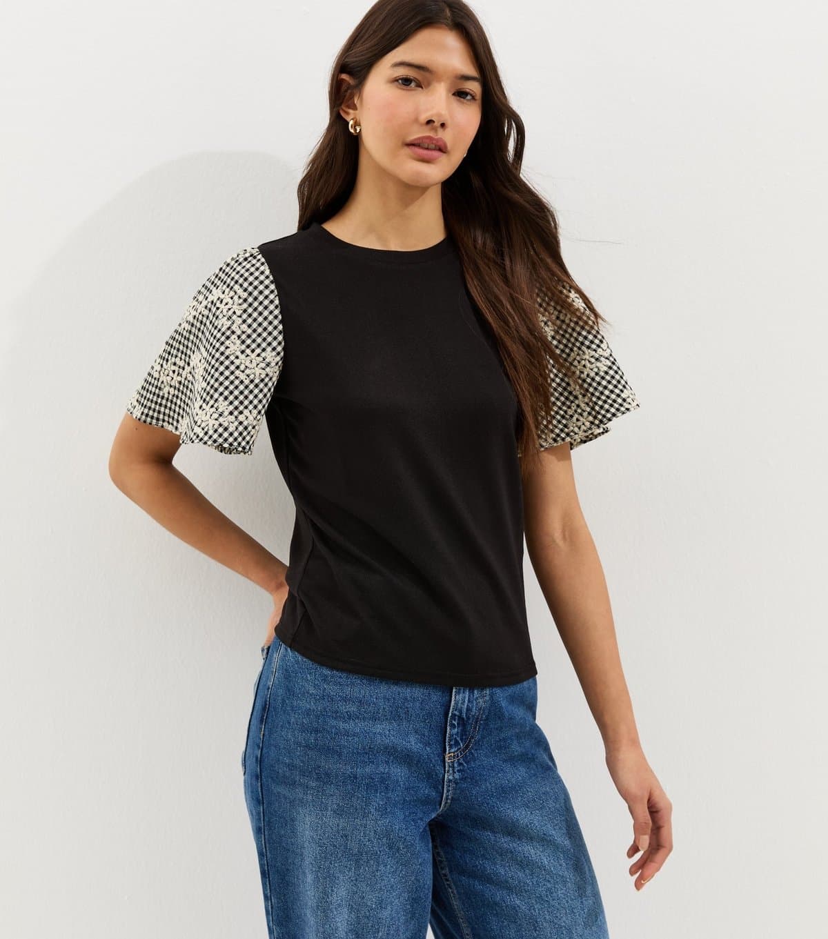 New Look Women's Black Embroidered Check Sleeve T-Shirt New Look
