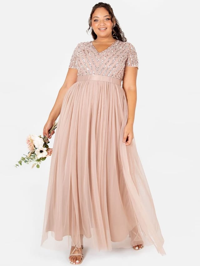 Maya Deluxe Maya Deluxe Women's Belted Stripe Embellished Maxi Dress in Taupe - 2