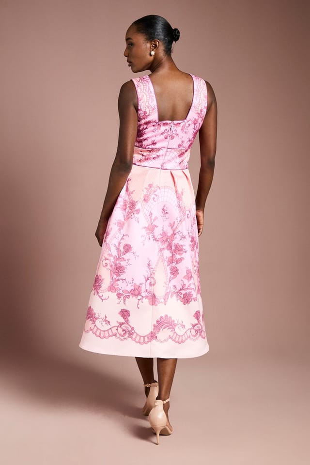 Coast Coast Women's V Neck Structured Satin Placement Print Midi Dress in Coral - 3