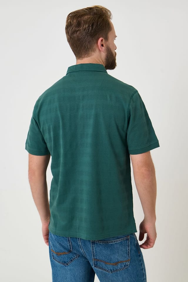 Saltwell Saltwell Men's Popcorn Stripe Short Sleeve Cotton Polo Shirt in Bottle Green - 2