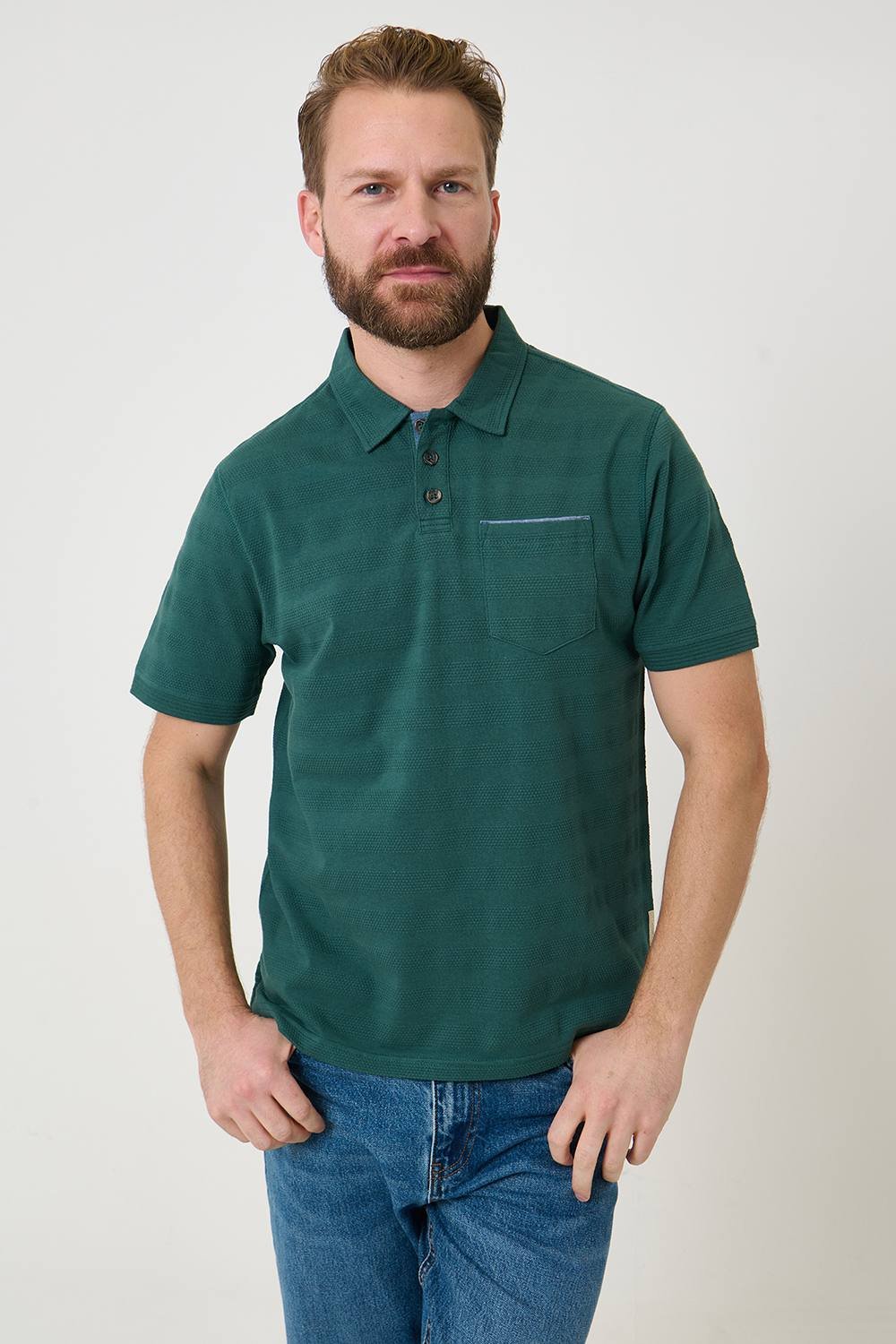 Saltwell Saltwell Men's Popcorn Stripe Short Sleeve Cotton Polo Shirt in Bottle Green - 3