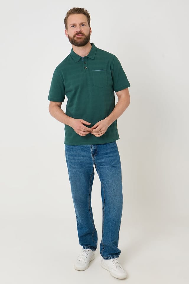 Saltwell Saltwell Men's Popcorn Stripe Short Sleeve Cotton Polo Shirt in Bottle Green - 3