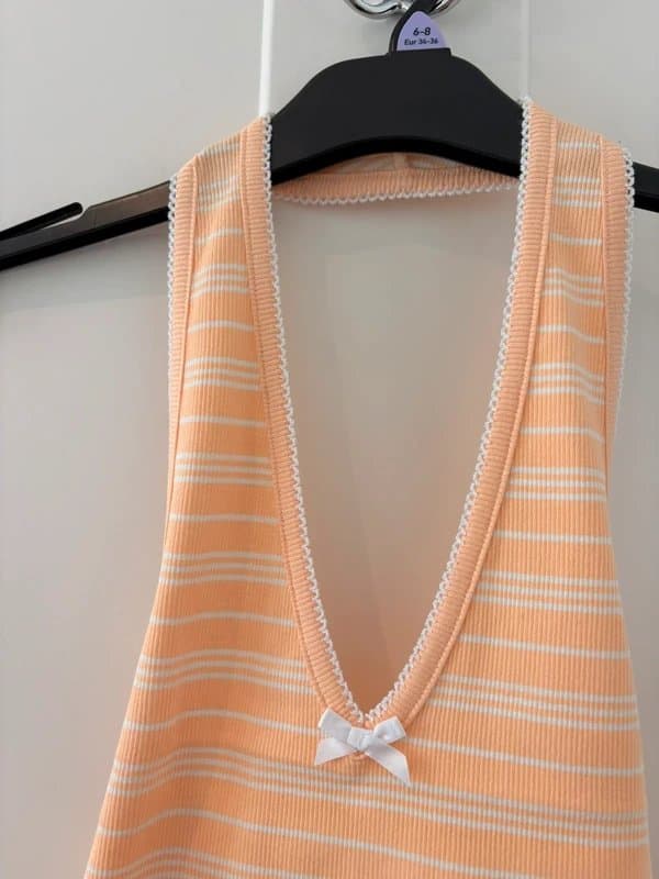 Miss Selfridge Miss Selfridge BN bright orange white stripe cotton ribbed halterneck top tank top sleeveless top
