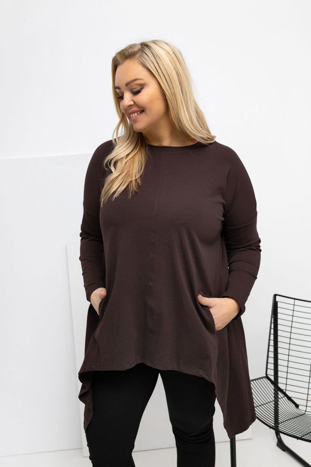 Love Lace Love Lace Women's Plus Size Asymmetrical Pocket Blouse in Brown - 4