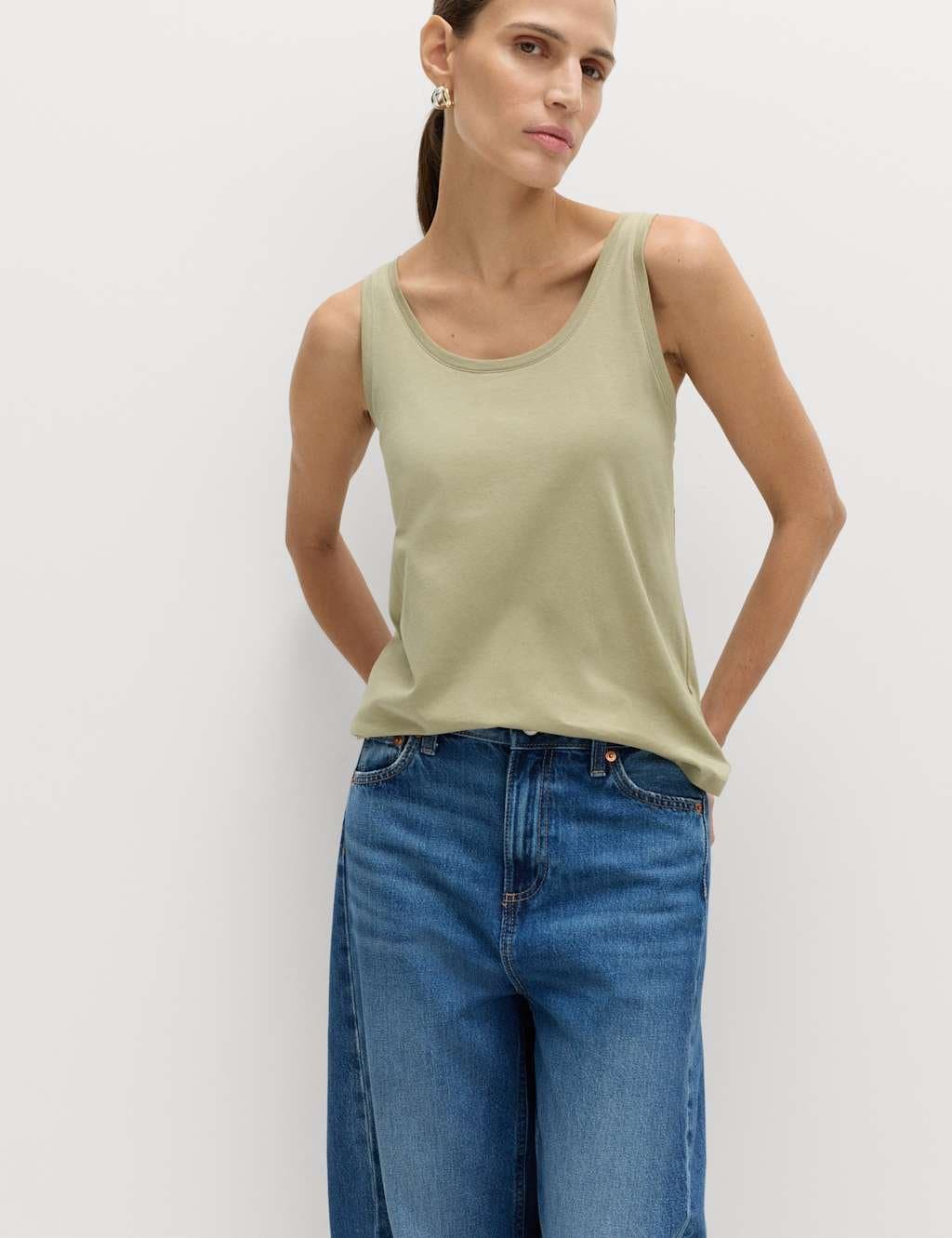 Marks & Spencer M&S Light Khaki Pure Cotton Scoop Neck Top