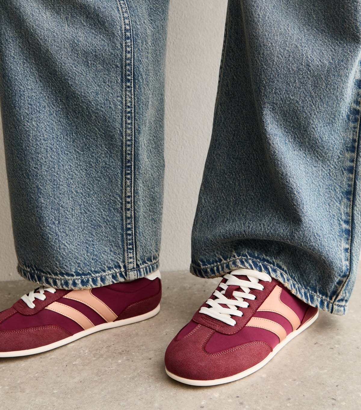 New Look Women's Dark Burgundy Contrast Panel Faux Suede Slim Sole Trainers Vegan New Look - 3