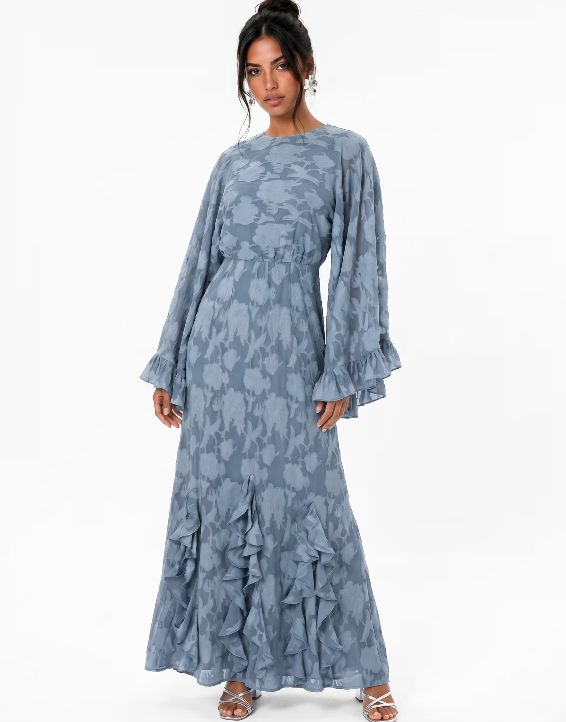 ASOS Anaya Floral burnout oversized ruffle sleeve maxi dress in opal blue