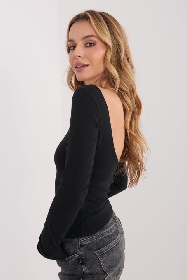 Love Lace Love Lace Women's Fitted Cotton Long Sleeve Boat Neck Blouse in Black - 3