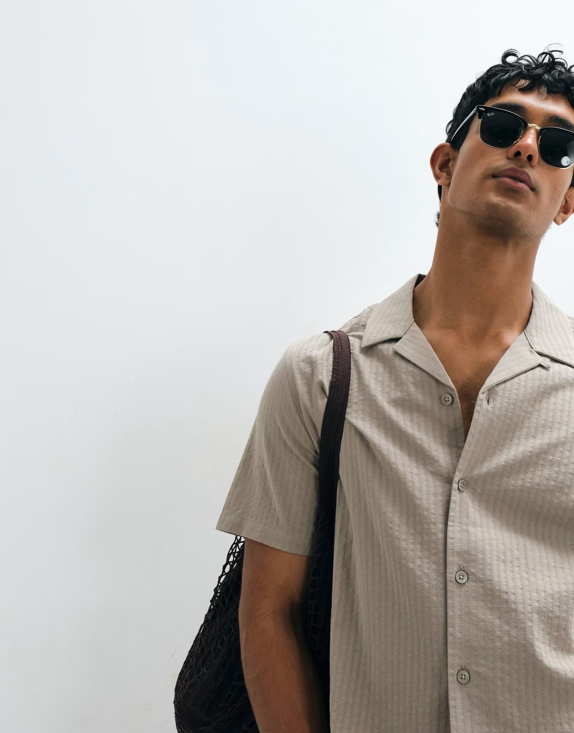 ASOS Mango 100% cotton textured stripes short sleeve shirt in beige