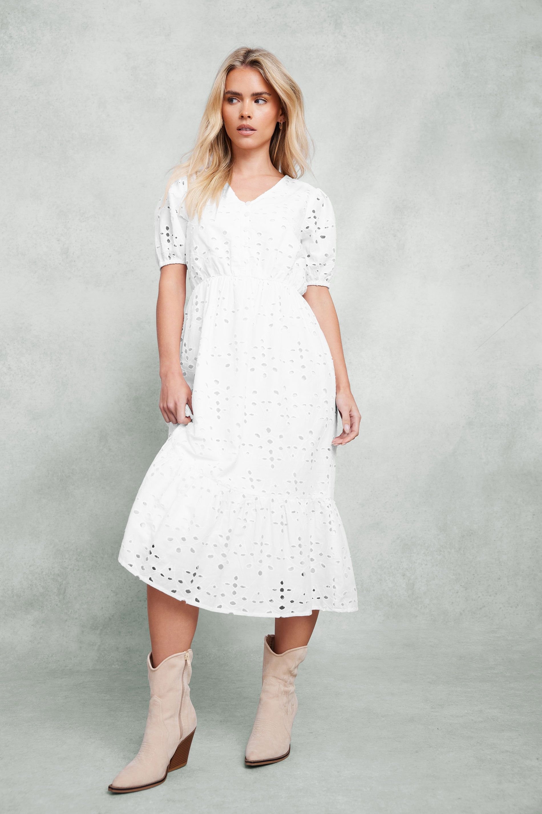 M&Co M&Co Women's Petite Broderie Tiered Dress in White - 3