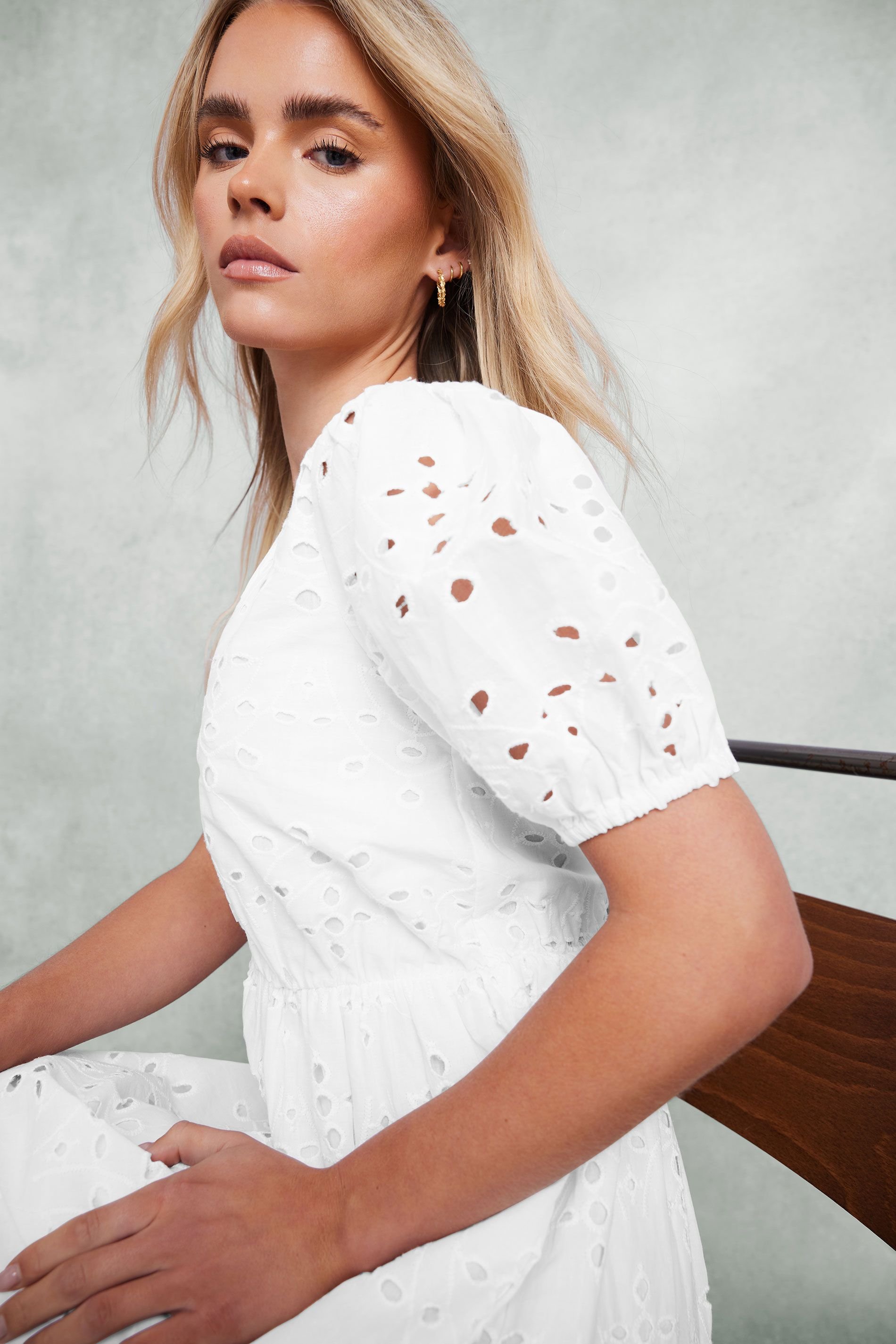 M&Co M&Co Women's Petite Broderie Tiered Dress in White - 4