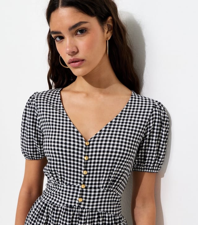 New Look Women's Black Crinkled Texture Gingham Button Front Mini Dress New Look - 2
