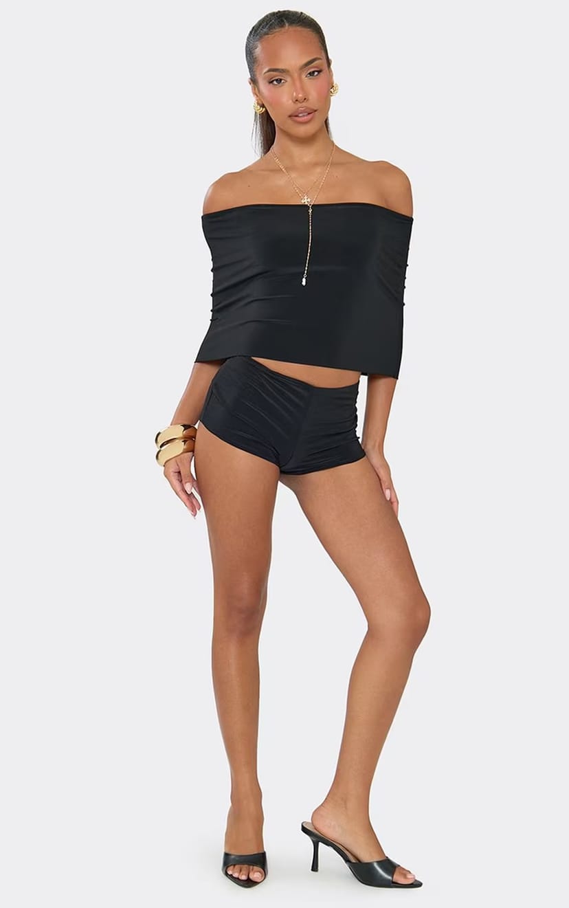 EGO Low Rise Mini Shorts In Black Slinky, Women's Size UK 6 - 1