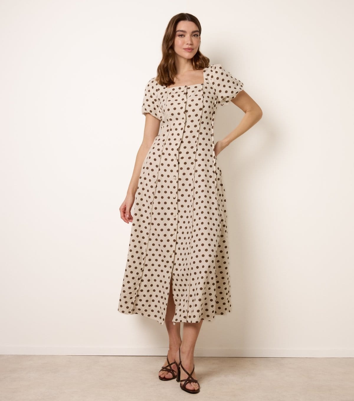 Blue Vanilla Stone Linen Polka Dot Puff Sleeve Midi Dress