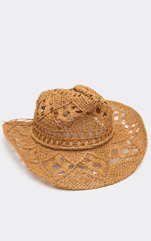 EGO Woven Detail Western Cowboy Hat In Beige Straw, Women's Size UK 0 - 2