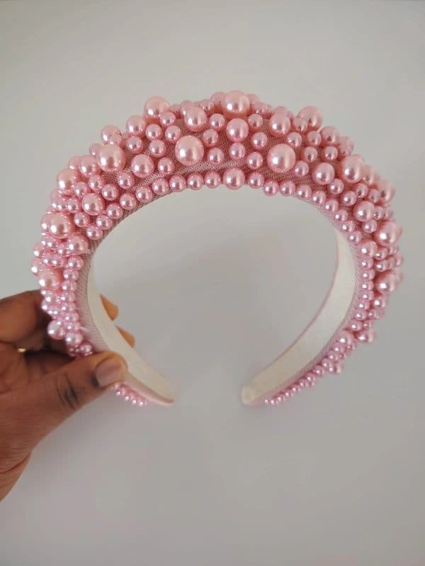 Accessories Luxury Pink Pearl Headband – Statement Padded Hairband, Bridal/Occasion, Handmade Look, Elegant - 1