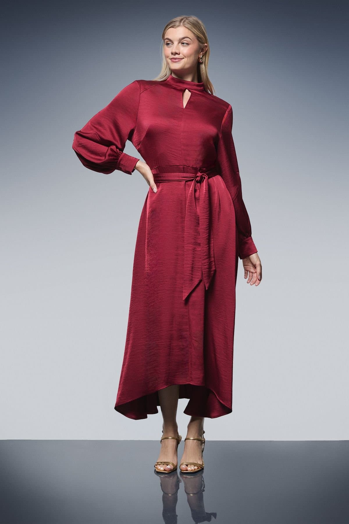 Principles Principles Women's Tie Waist High Neck Satin Midi Dress in Wine