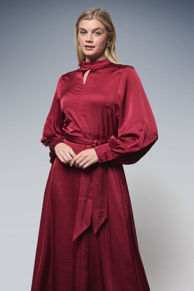 Principles Principles Women's Tie Waist High Neck Satin Midi Dress in Wine - 2