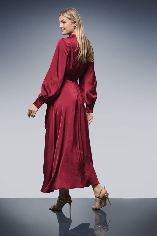 Principles Principles Women's Tie Waist High Neck Satin Midi Dress in Wine - 3