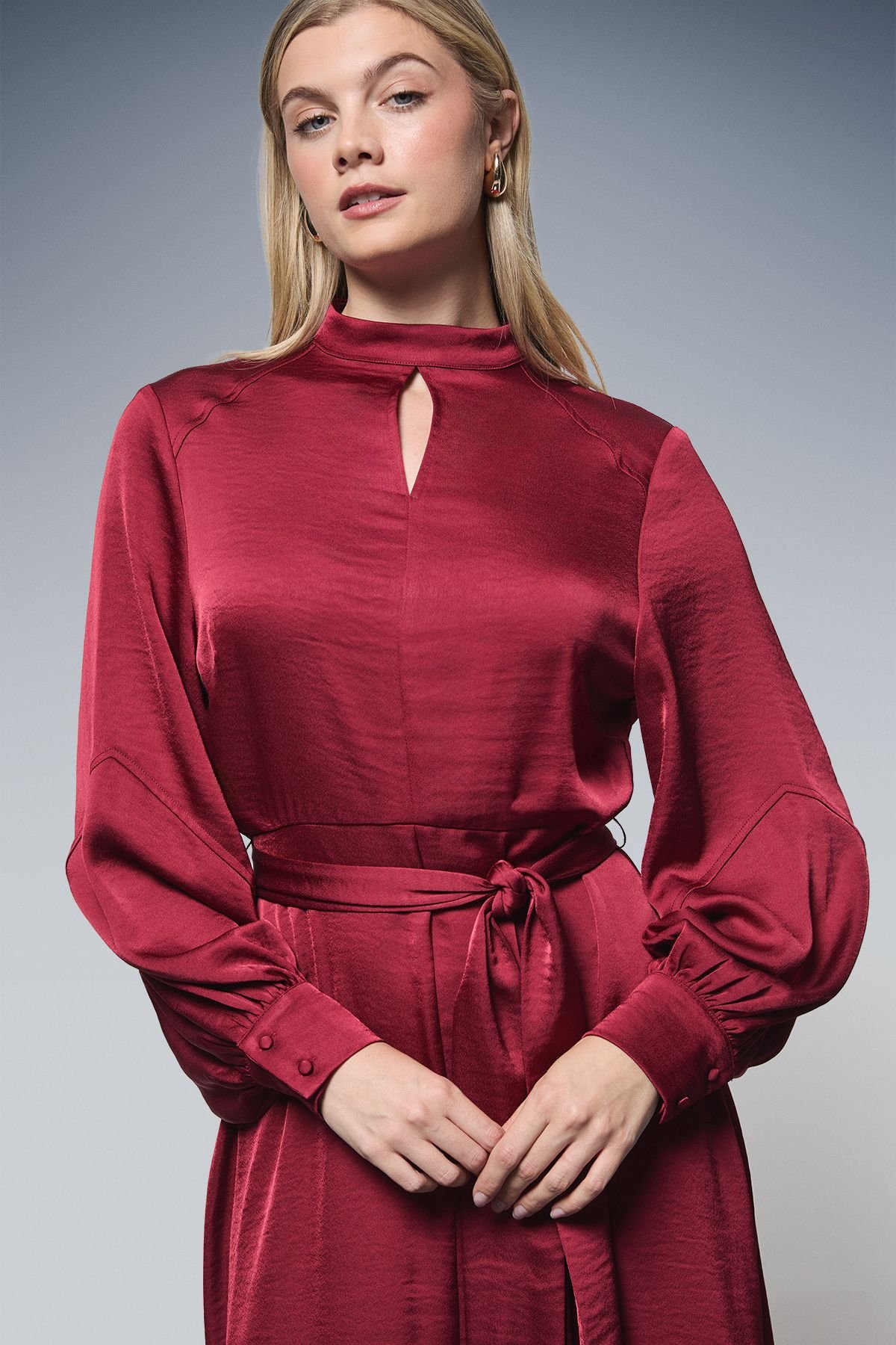 Principles Principles Women's Tie Waist High Neck Satin Midi Dress in Wine - 4