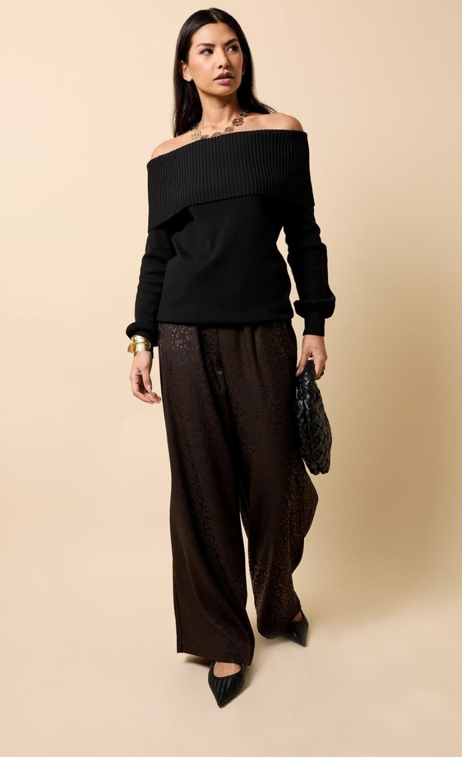 Little Mistress Little Mistress Women's Chocolate Animal Texture Satin Wide Leg Trousers