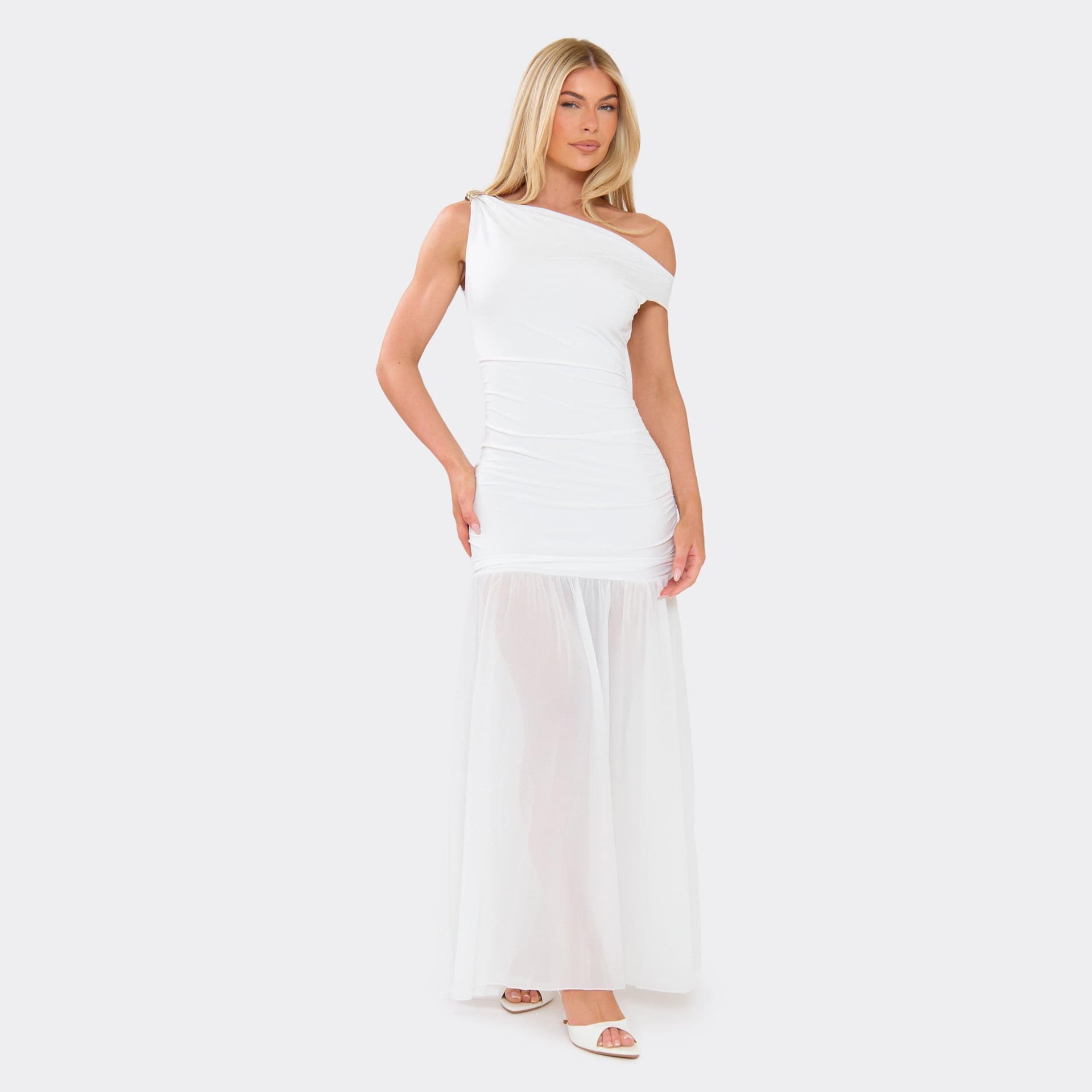 EGO Asymmetric Neck Trim Ruched Drop Waist Maxi Dress In White, Women's Size UK L