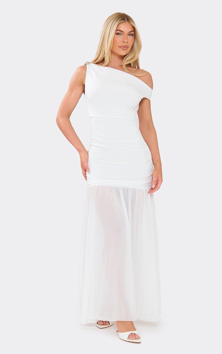 EGO Asymmetric Neck Trim Ruched Drop Waist Maxi Dress In White, Women's Size UK L - 2