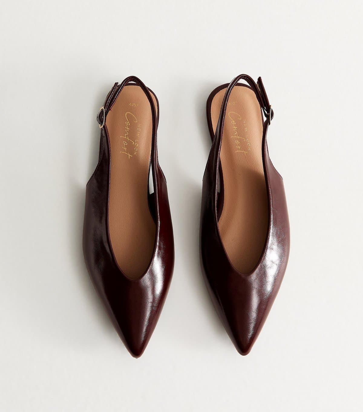 New Look Women's Dark Burgundy Faux Leather High Vamp Slingback Ballerina Flats Vegan New Look