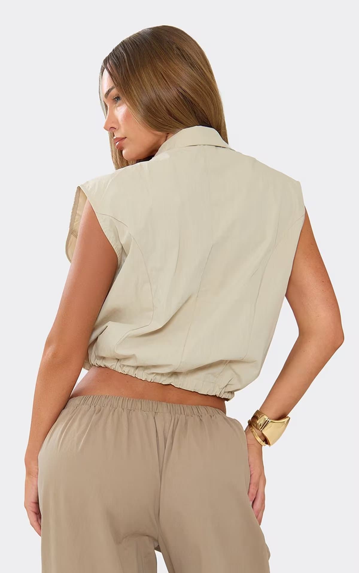 EGO Zip Up Front Collared Cargo Top In Stone, Women's Size UK 6