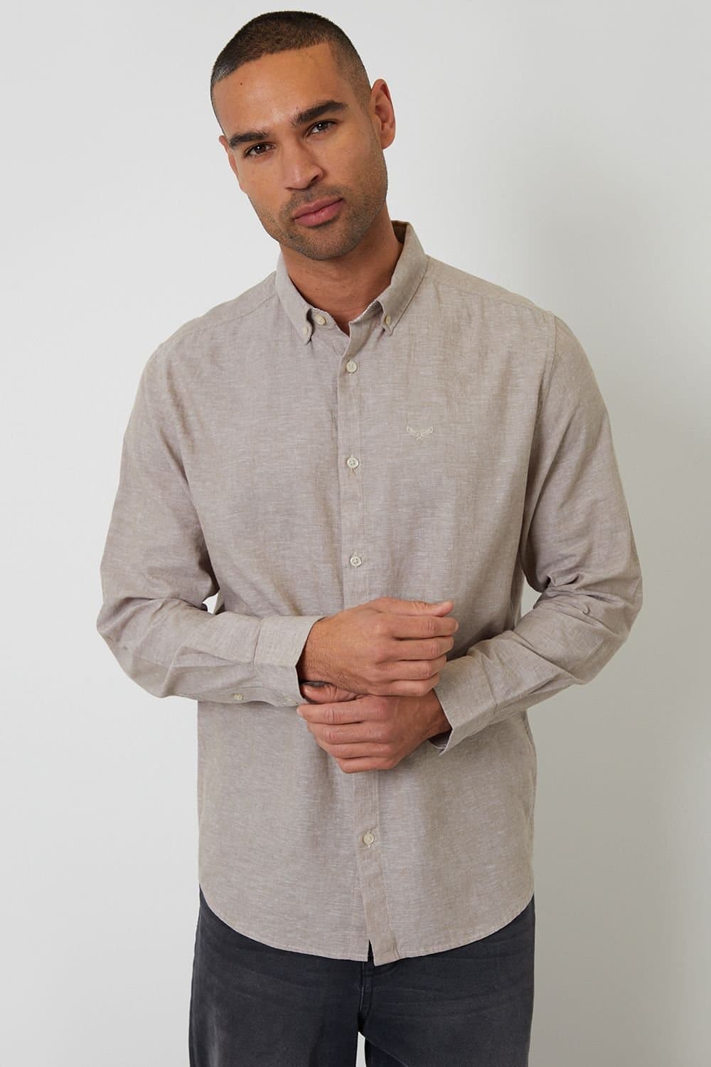 Threadbare threadbare Men's Linen Blend Long Sleeve Shirt in Taupe