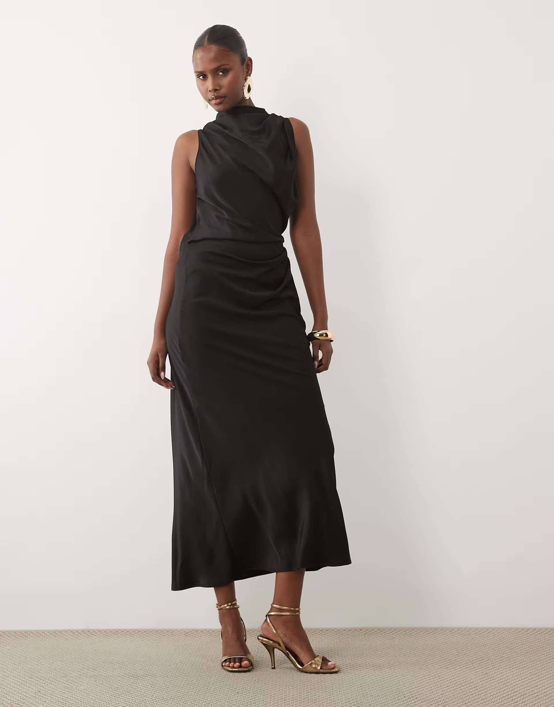 ASOS ASOS DESIGN pleated gathered bodice satin maxi dress with high neck in black
