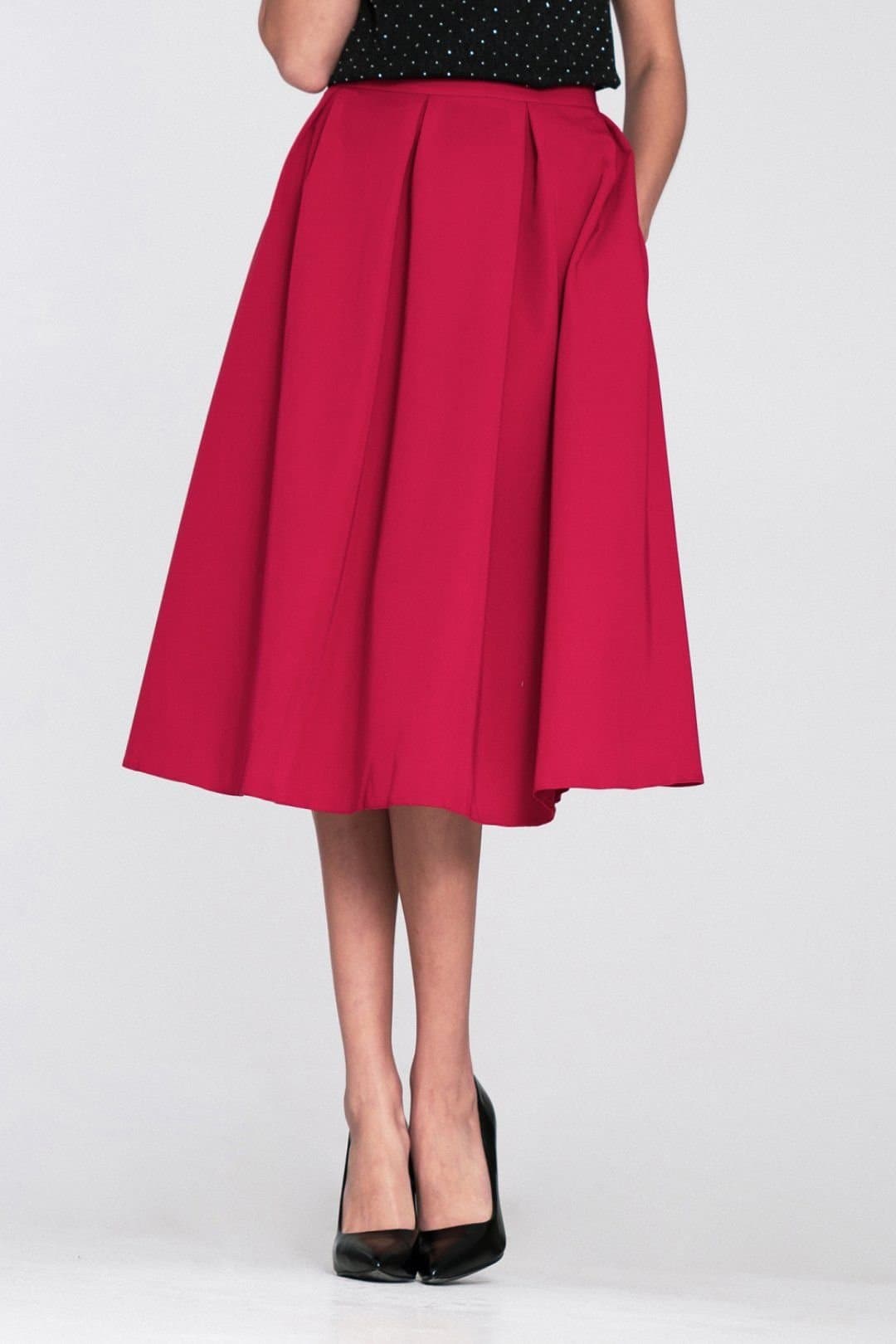 Love Lace Love Lace Women's Flared Pleated Midi Skirt with Hidden Pockets in Red