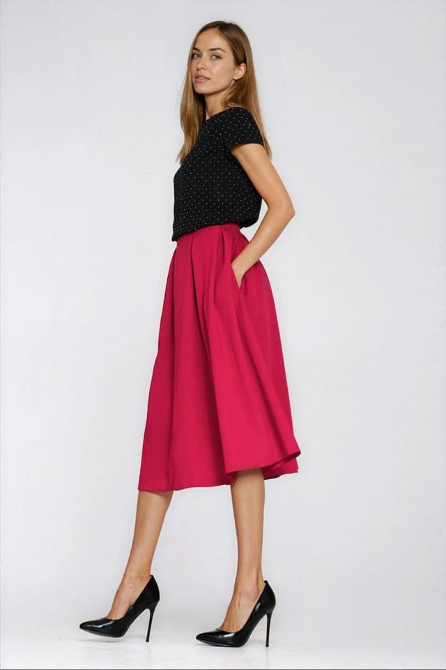 Love Lace Love Lace Women's Flared Pleated Midi Skirt with Hidden Pockets in Red - 2