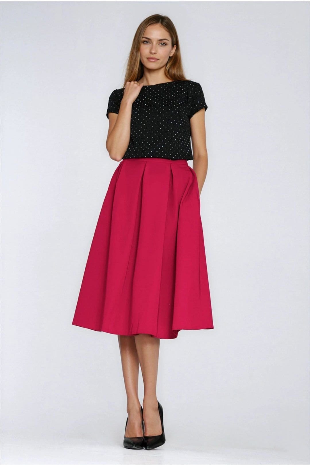 Love Lace Love Lace Women's Flared Pleated Midi Skirt with Hidden Pockets in Red - 4