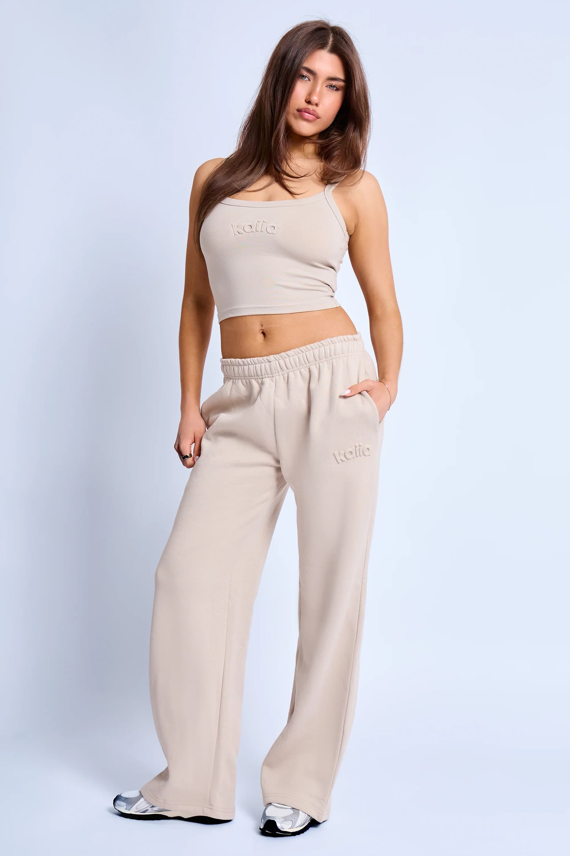 Kaiia Kaiia Embossed Wide Leg Joggers Ash Taupe