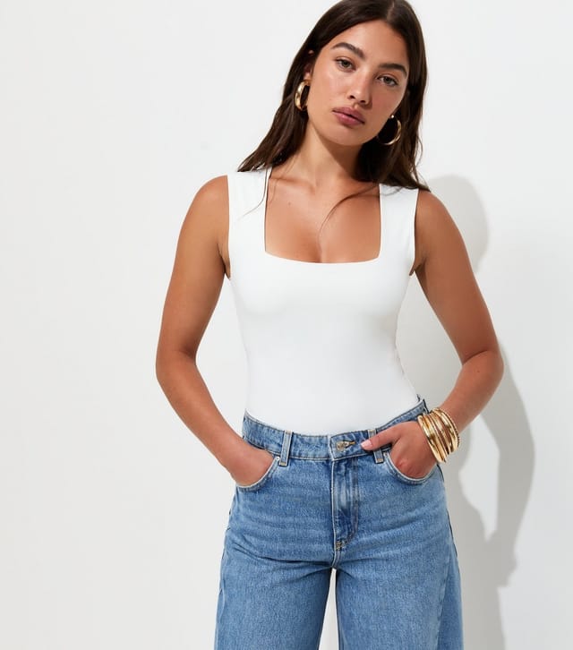 New Look Women's White Slinky Square Neck Sleeveless Bodysuit New Look - 2