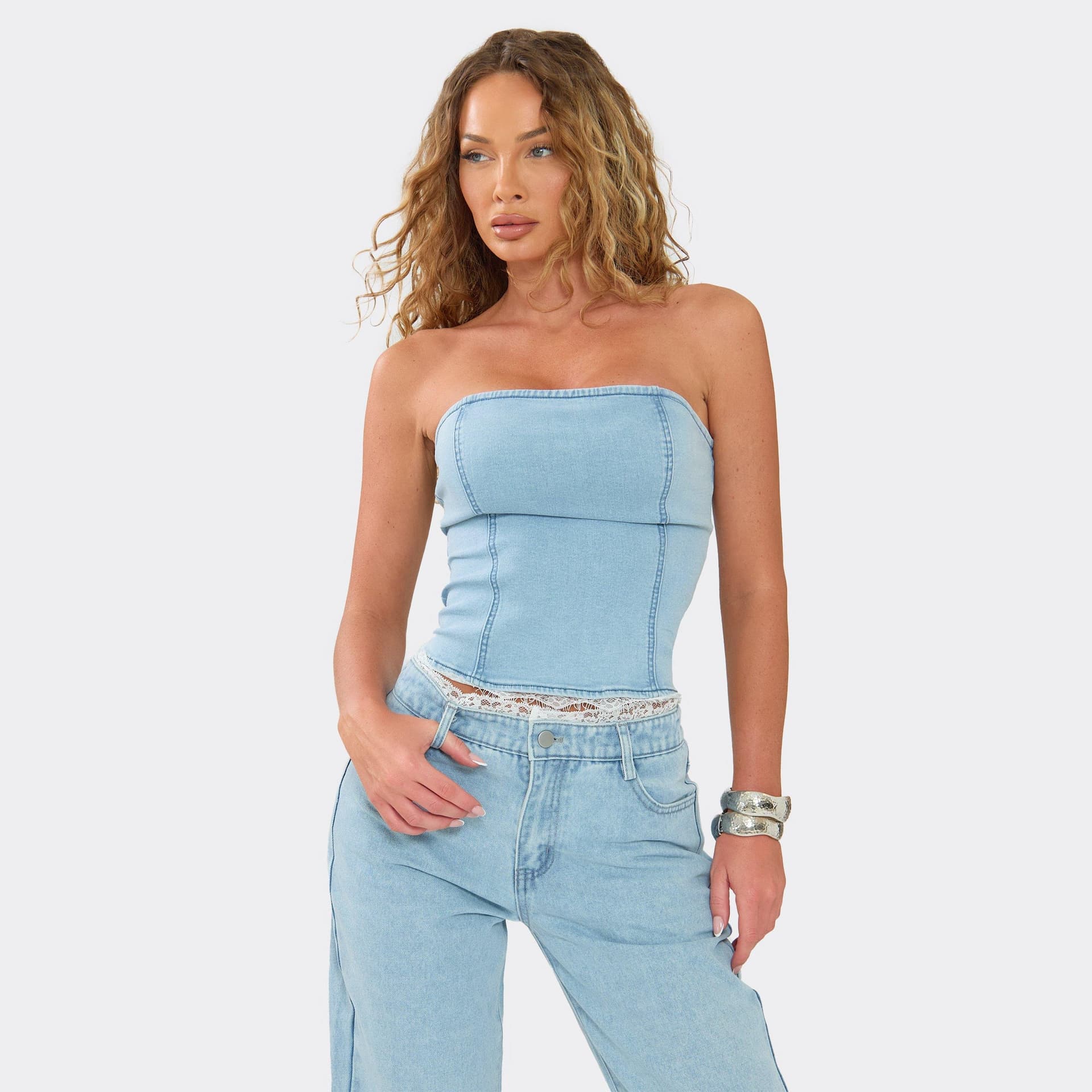 EGO Bandeau Seam Detail Lace Hem Top In Light Blue Denim, Women's Size UK 6