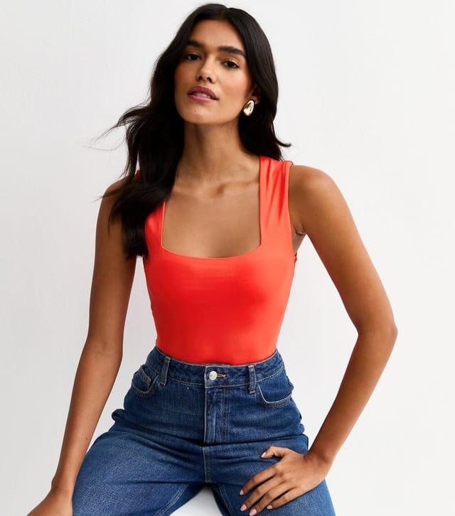 New Look Women's Bright Orange Slinky Square Neck Sleeveless Bodysuit New Look - 3