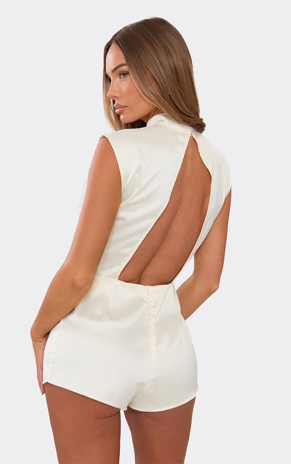 EGO Cap Sleeve High Neck Open Back Playsuit In Cream Satin, Women's Size UK 6