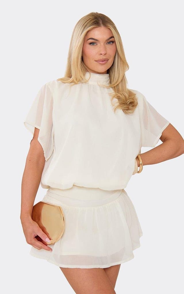 EGO Short Floaty Sleeve High Neck Frilled Hem Mini Dress In Cream, Women's Size UK 6 - 2