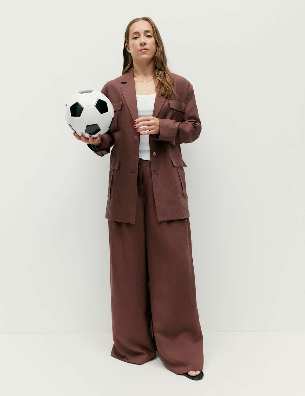 Marks & Spencer M&S Pleated Utility Palazzo Trousers with Linen Raisin