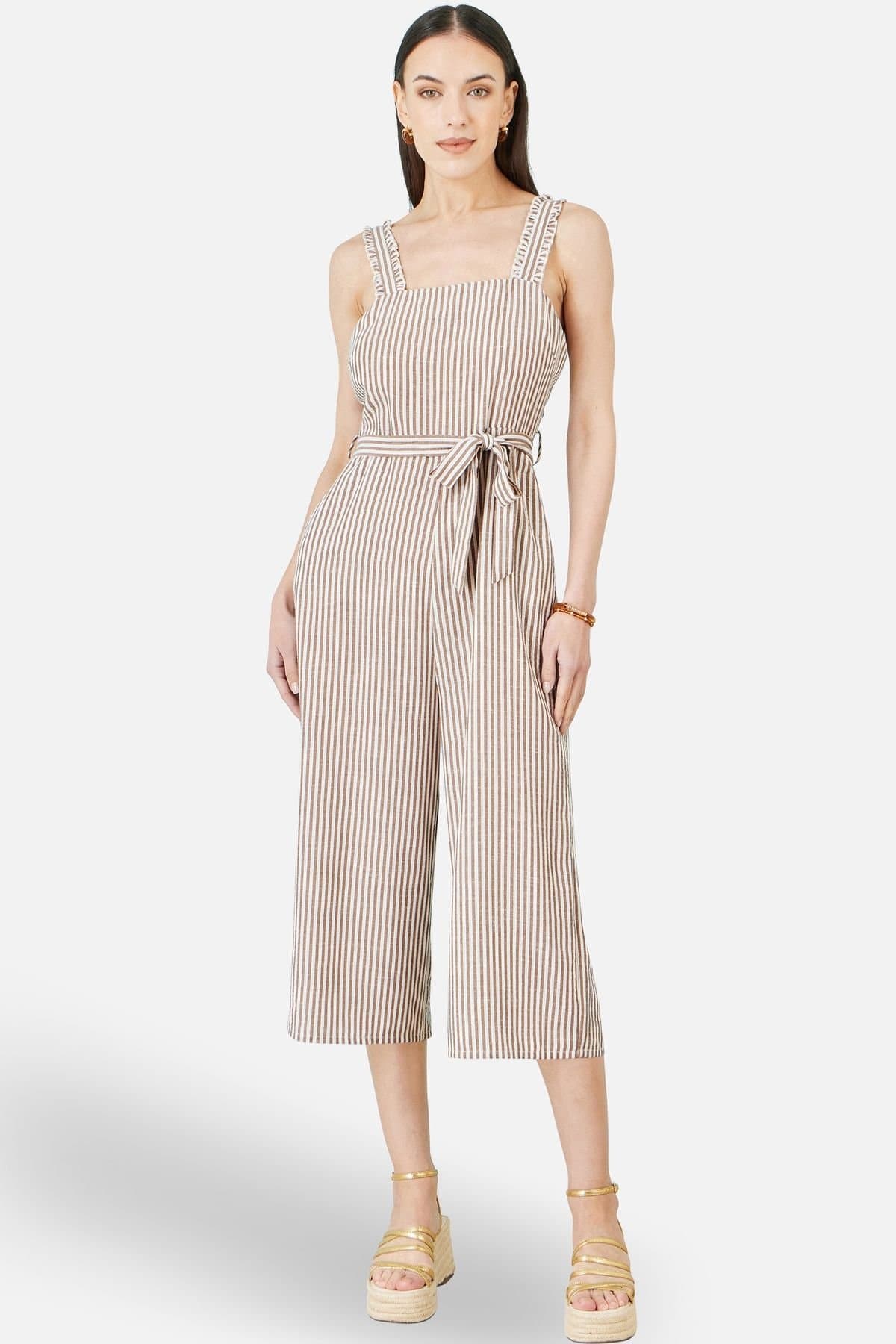 Yumi Yumi Women's Brown Stripe Strappy Jumpsuit in Light Tan