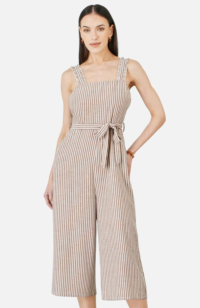 Yumi Yumi Women's Brown Stripe Strappy Jumpsuit in Light Tan - 2