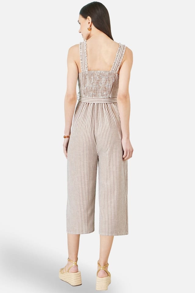 Yumi Yumi Women's Brown Stripe Strappy Jumpsuit in Light Tan - 3