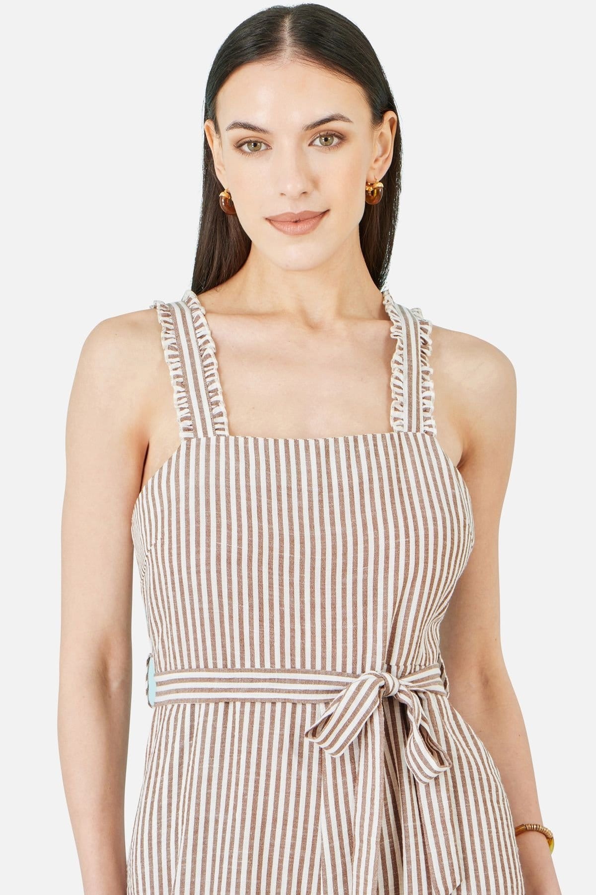 Yumi Yumi Women's Brown Stripe Strappy Jumpsuit in Light Tan - 4