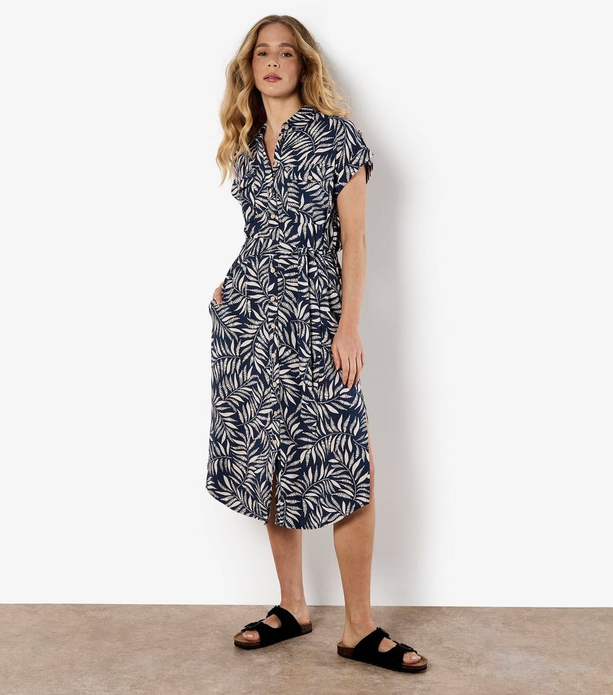 Apricot Women's Navy Flowing Leaves Print Belted Shirt Dress Apricot New Look