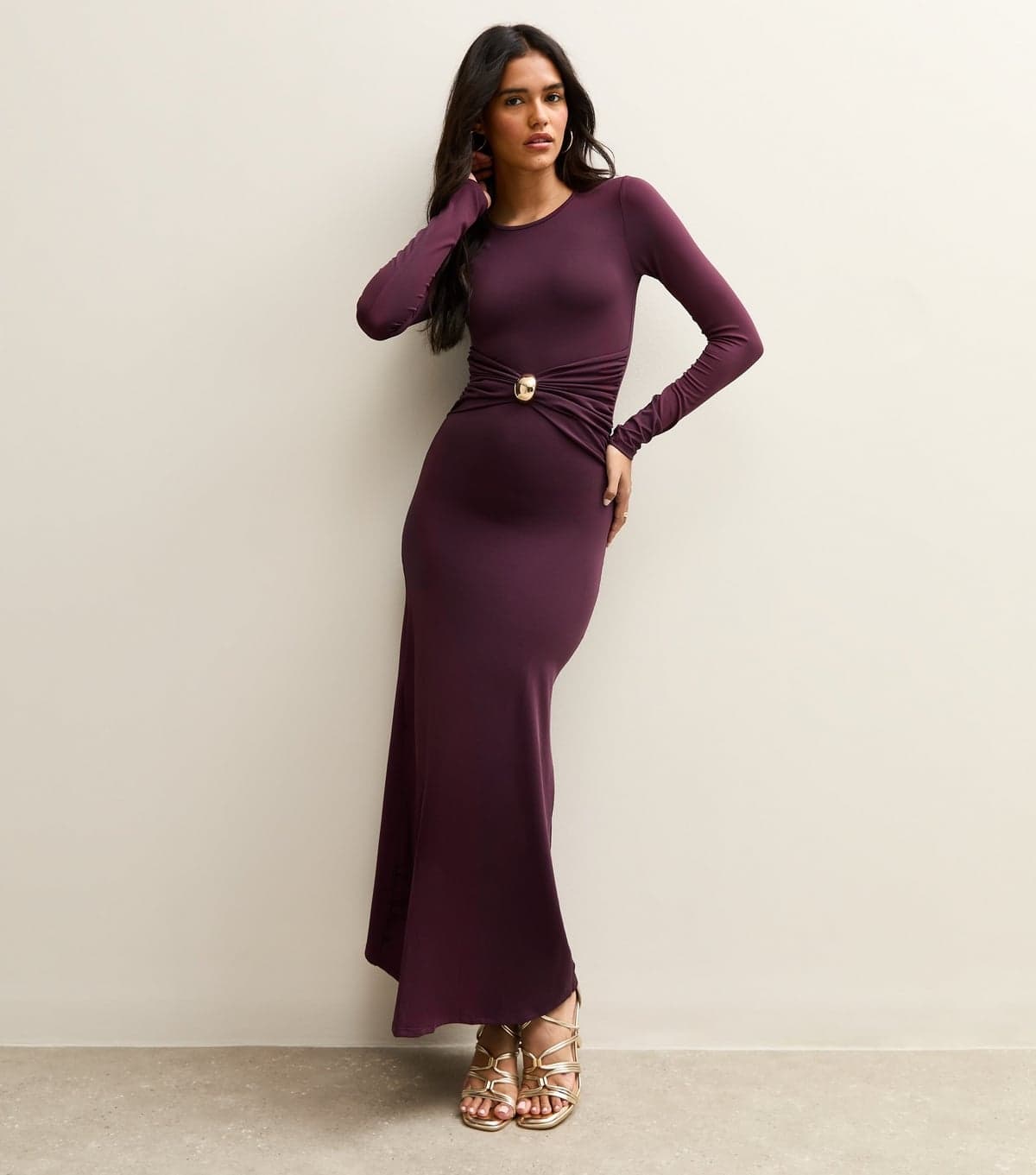 New Look Women's Burgundy Ruched Waist Long Sleeve Midi Dress New Look